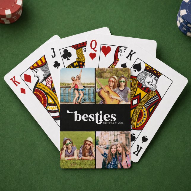 Baraja De Cartas Mejores Amigas 4 Fotos (elegant retro besties bff best friends black and white typography 4 photo poker playing cards)