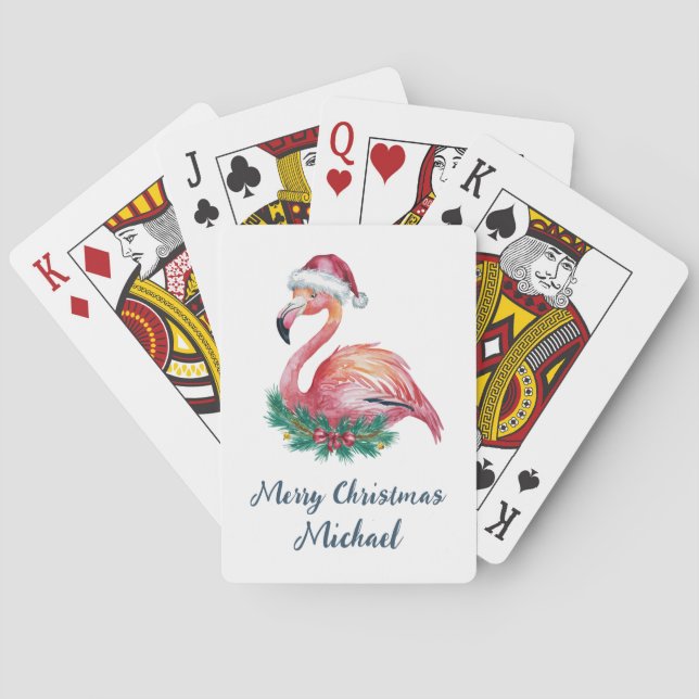 Baraja De Cartas Merry Christmas Pink  Flamingo Personalized        (Reverso)