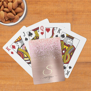 Baraja De Cartas Metal Rosa Dorado, Brillo, Nombre en Letra Cursiva