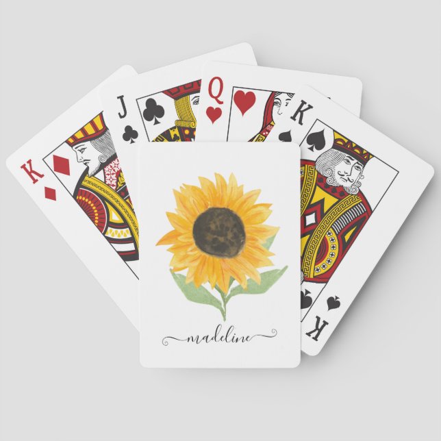 Baraja De Cartas Minimal Rustic Sunflower Personalized Name Script (Reverso)