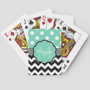 Baraja De Cartas Mint Polka Dots Black Chevron Monograma