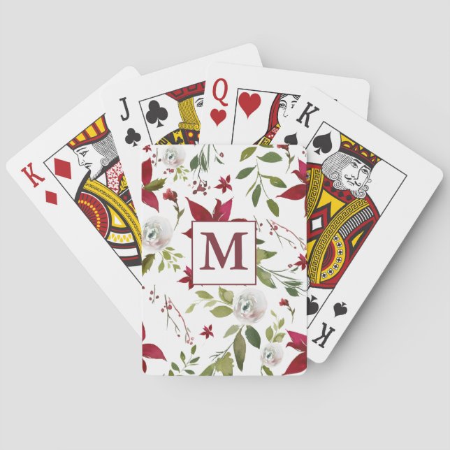 Baraja De Cartas Moda Acuarela Poinsettia Monograma Floral (Reverso)