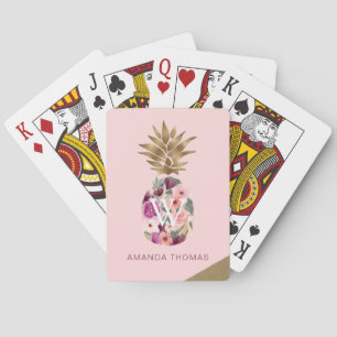 Baraja De Cartas Moda Floral acuarela Dorada Piña Rosa
