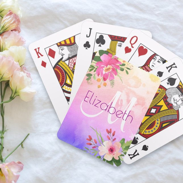 Baraja De Cartas Moda morado rosa floral acuática  Monograma modern (Subido por el creador)