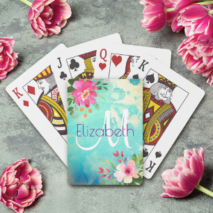 Baraja De Cartas Moda Turquesa Azul Floral acuarela Monograma