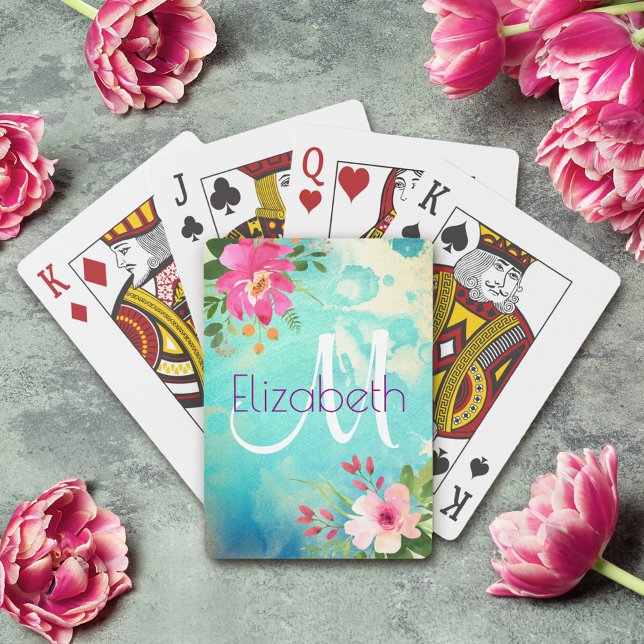Baraja De Cartas Moda Turquesa Azul Floral acuarela Monograma (Subido por el creador)