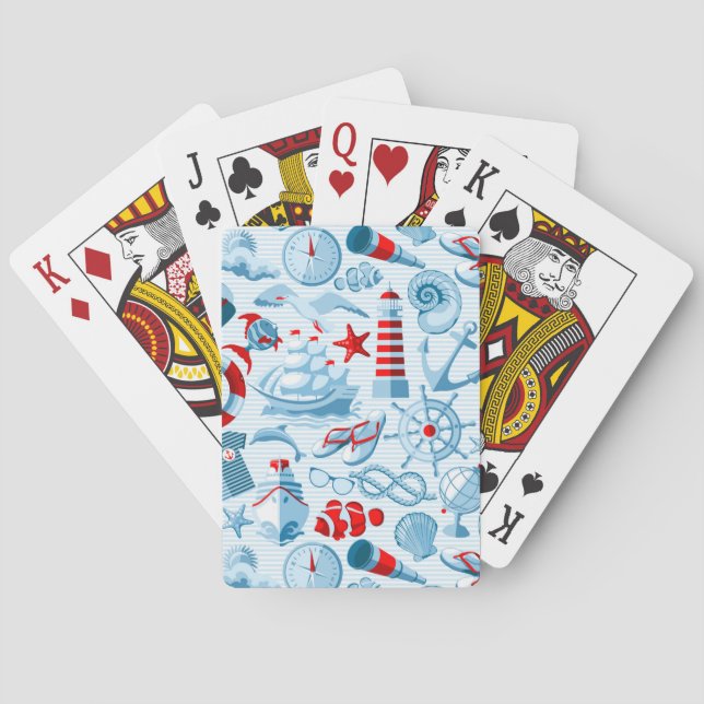 Baraja De Cartas Modelo blanco y azul rojo náutico (Reverso)