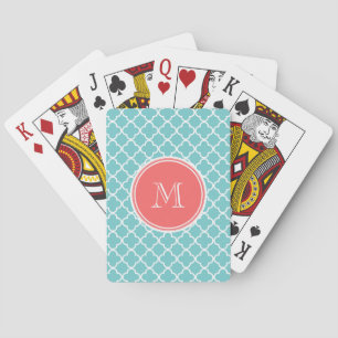 Baraja De Cartas Modelo verde azulado de Quatrefoil, monograma