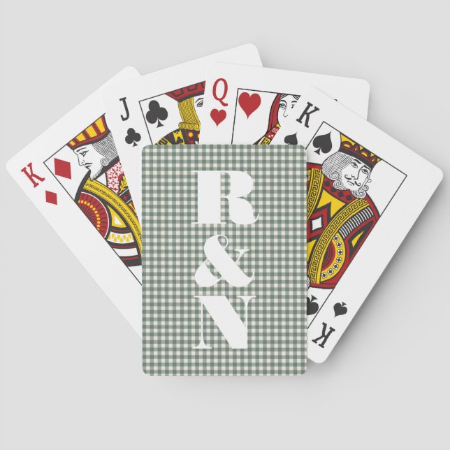 Baraja De Cartas Modern Monogram Green Gingham Custom Wedding (Reverso)