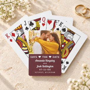 Baraja De Cartas Moderno Aviso de Fecha de Boda con Foto en Burgund