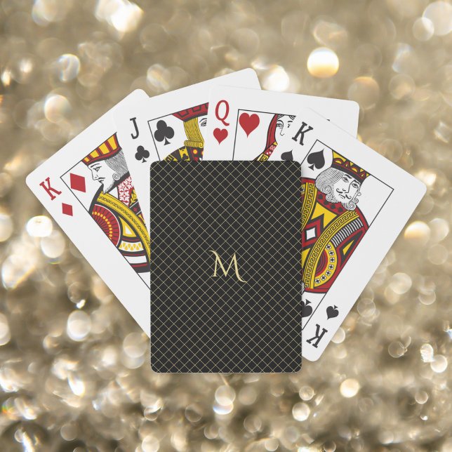 Baraja De Cartas Moderno Black Gold Monogramed Check Stripes Poker (Modern Black Gold Monogrammed Check Stripes Poker Playing Cards)