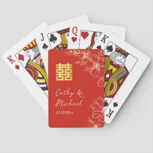 Baraja De Cartas Moderno elegante boda china floral guión rojo