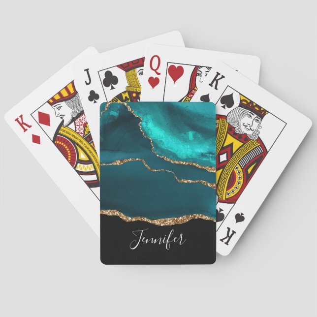 Baraja De Cartas Moderno y elegante Agate Verde azulado y cinta de  (Reverso)