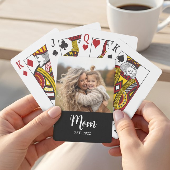 Baraja De Cartas Mom Established Script Text Black Photo (Mom established in white script with a favorite personalized photo)