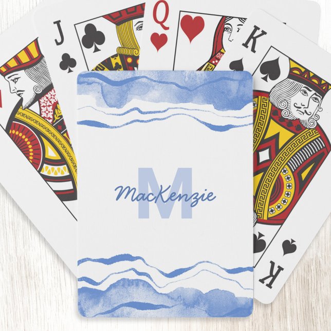 Baraja De Cartas Monograma abstracto de acuarela (Blue and white watercolor abstract monogram initial name personalized art playing cards)