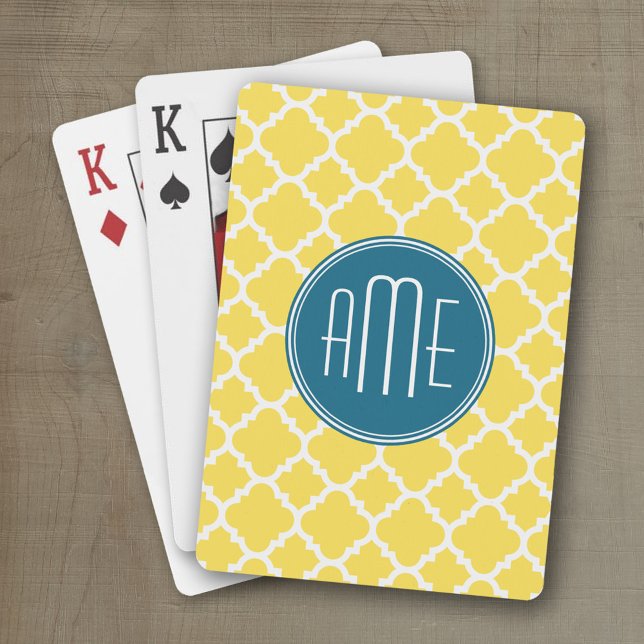 Baraja De Cartas Monograma amarillo y verde azulado del (Personalized playing cards with a fun area to add text such as a name or monogram)