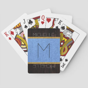 Baraja De Cartas Monograma Azul Aspecto Madera Arpillera Rústica
