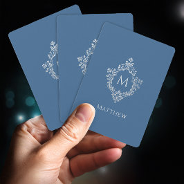 Baraja De Cartas Monograma azul clásico y Escudo de cosecha elegant