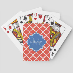 Baraja De Cartas Monograma azul trendy y quatrefoil rojo