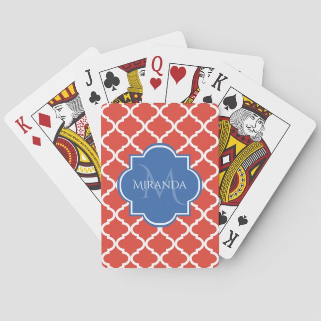 Baraja De Cartas Monograma azul trendy y quatrefoil rojo (Reverso)