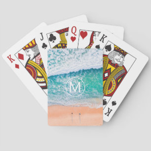 Baraja De Cartas Monograma blanco DIY en círculo, olas de playa