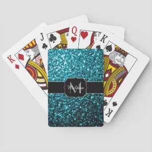 Baraja De Cartas Monograma brillante de falso brillo azul acuático