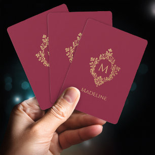 Baraja De Cartas Monograma Burgundy Falso Crest Dorado Elegante Vin