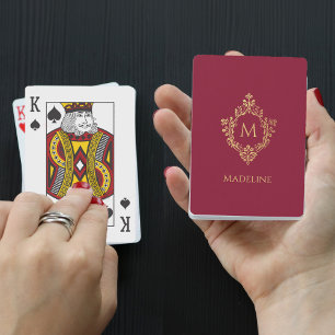 Baraja De Cartas Monograma Burgundy Faux Gold Escudo Elegante Vinta