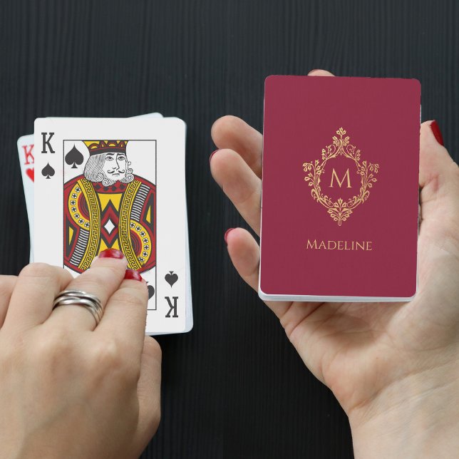 Baraja De Cartas Monograma Burgundy Faux Gold Escudo Elegante Vinta (Subido por el creador)