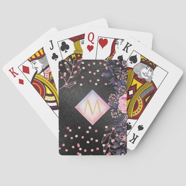 Baraja De Cartas Monograma Chica de Purpurina metalúrgico rosado RO (Reverso)