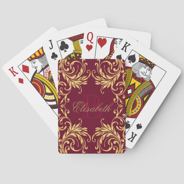 Baraja De Cartas Monograma Damasco dorado sobre rojo oscuro (Reverso)