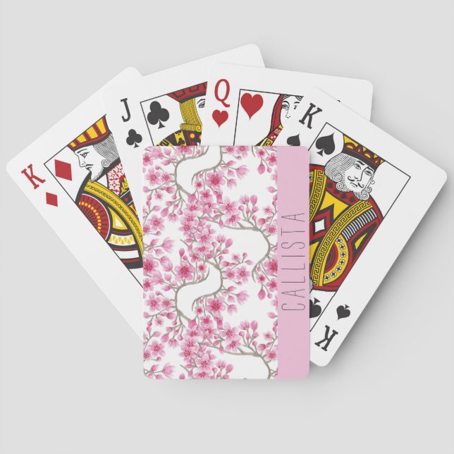 Baraja De Cartas Monograma de acuarela floral con flores de cerezo  (Reverso)