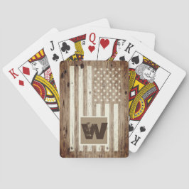 Baraja De Cartas Monograma de bandera USA de madera rústica