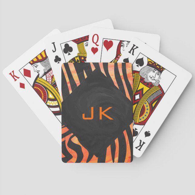 Baraja De Cartas Monograma de cebra negra y naranja (Reverso)