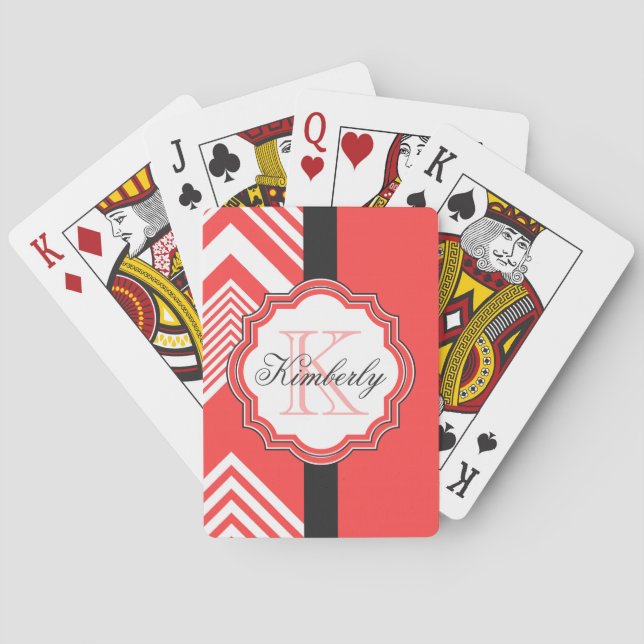 Baraja De Cartas Monograma de Chevron rojo y blanco (Reverso)