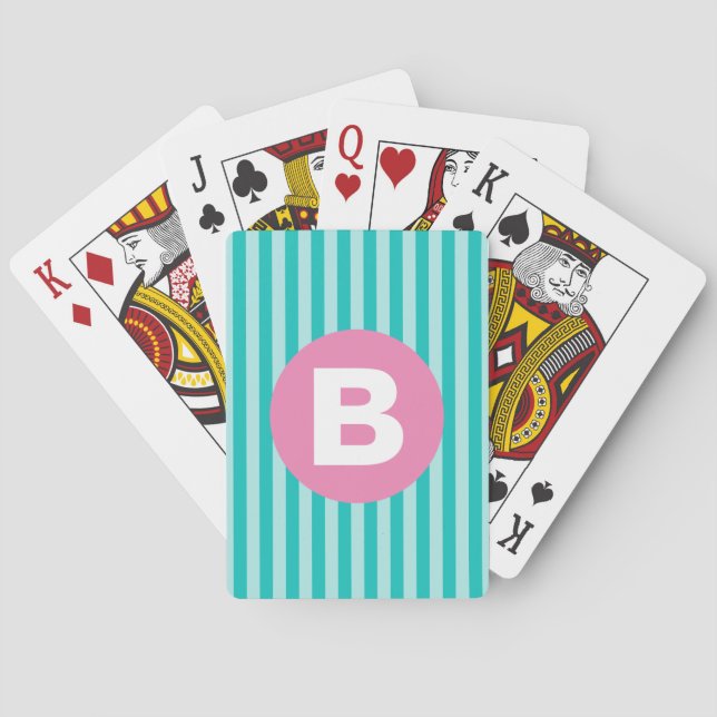 Baraja De Cartas Monograma de círculo rosa con rayas verticales azu (Reverso)