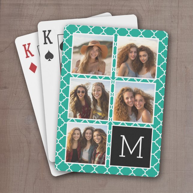 Baraja De Cartas Monograma de Collage de fotos Esmeralda y Negro en (Add 5 photos and personalize this set of playing cards with a monogram and emerald green accents)