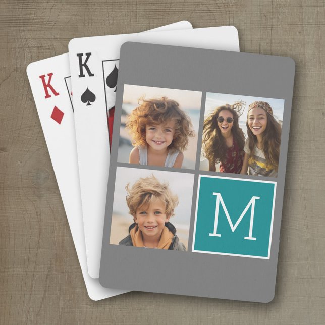 Baraja De Cartas Monograma de Collage de fotos gris y Verde azulado (Personalized playing cards with a fun area to add photos and text such as a name or monogram)