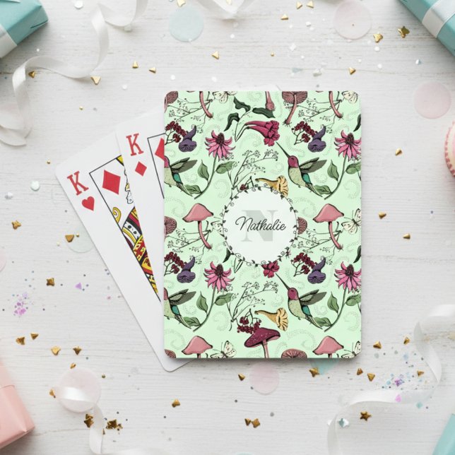 Baraja De Cartas Monograma de flores verdes y colibríes de moda (Floral Hummingbird Playing Cards. Botanical Hummingbirds & Flowers Pattern for Animal & Bird Lovers)