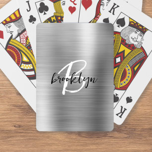 Baraja De Cartas Monograma de guión blanco negro de metal cepillado