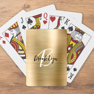 Baraja De Cartas Monograma de guión blanco negro de metal cepillado