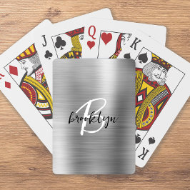 Baraja De Cartas Monograma de guión blanco negro de metal cepillado