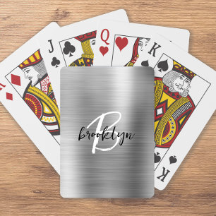 Baraja De Cartas Monograma de guión blanco negro de metal cepillado