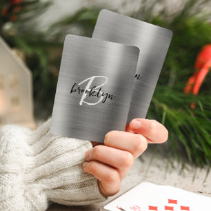 Baraja De Cartas Monograma de guión blanco negro de metal cepillado