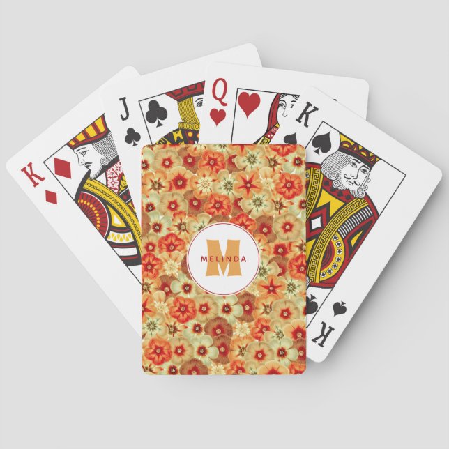 Baraja De Cartas Monograma de las flores hippie del Naranja Groovy  (Reverso)
