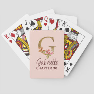 Baraja De Cartas Monograma de letra G dorada con rosas rosadas