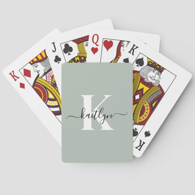 Baraja De Cartas Monograma de letra script verde sage moderna (Reverso)