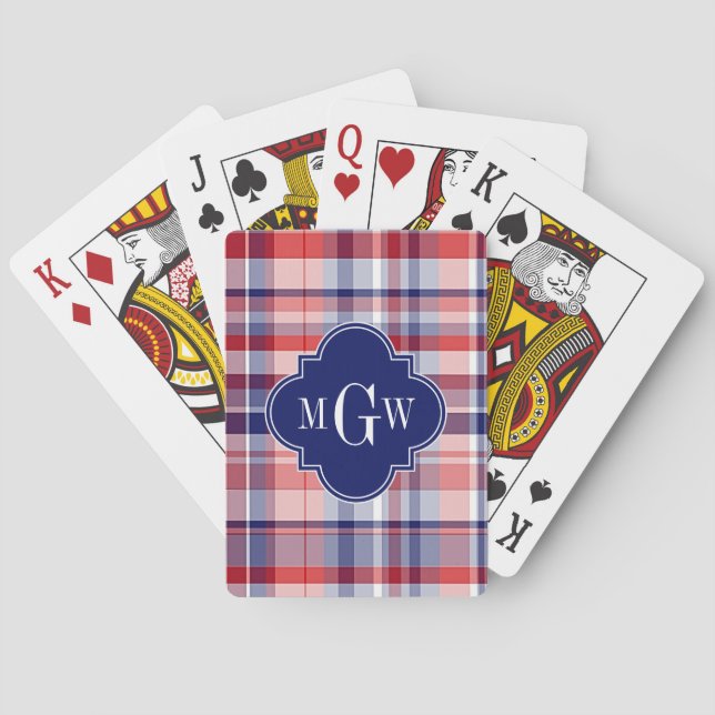 Baraja De Cartas Monograma de madrás de perrito azul rojo (Reverso)