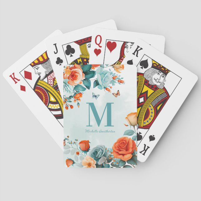 Baraja De Cartas Monograma de mariposas florales del Naranja verde  (Reverso)