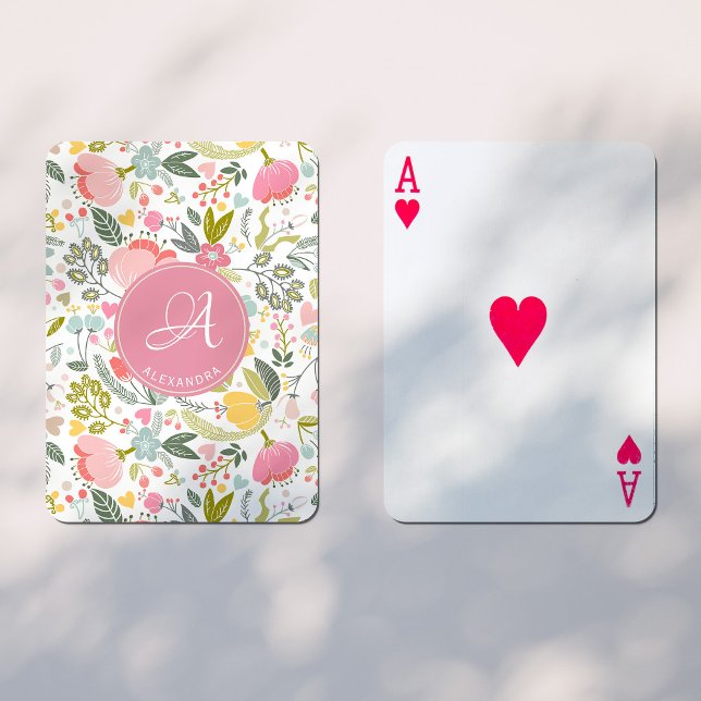 Baraja De Cartas Monograma de nombre con patrón floral de coral ros (Subido por el creador)